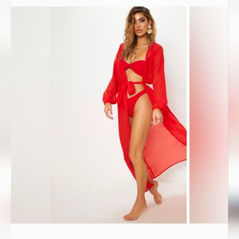 Red belted long Beach cover up cardigan duster Kimono sz 4-6